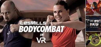 Two people in fighting stance promoting Les Mills Bodycombat in VR with a sunset background.