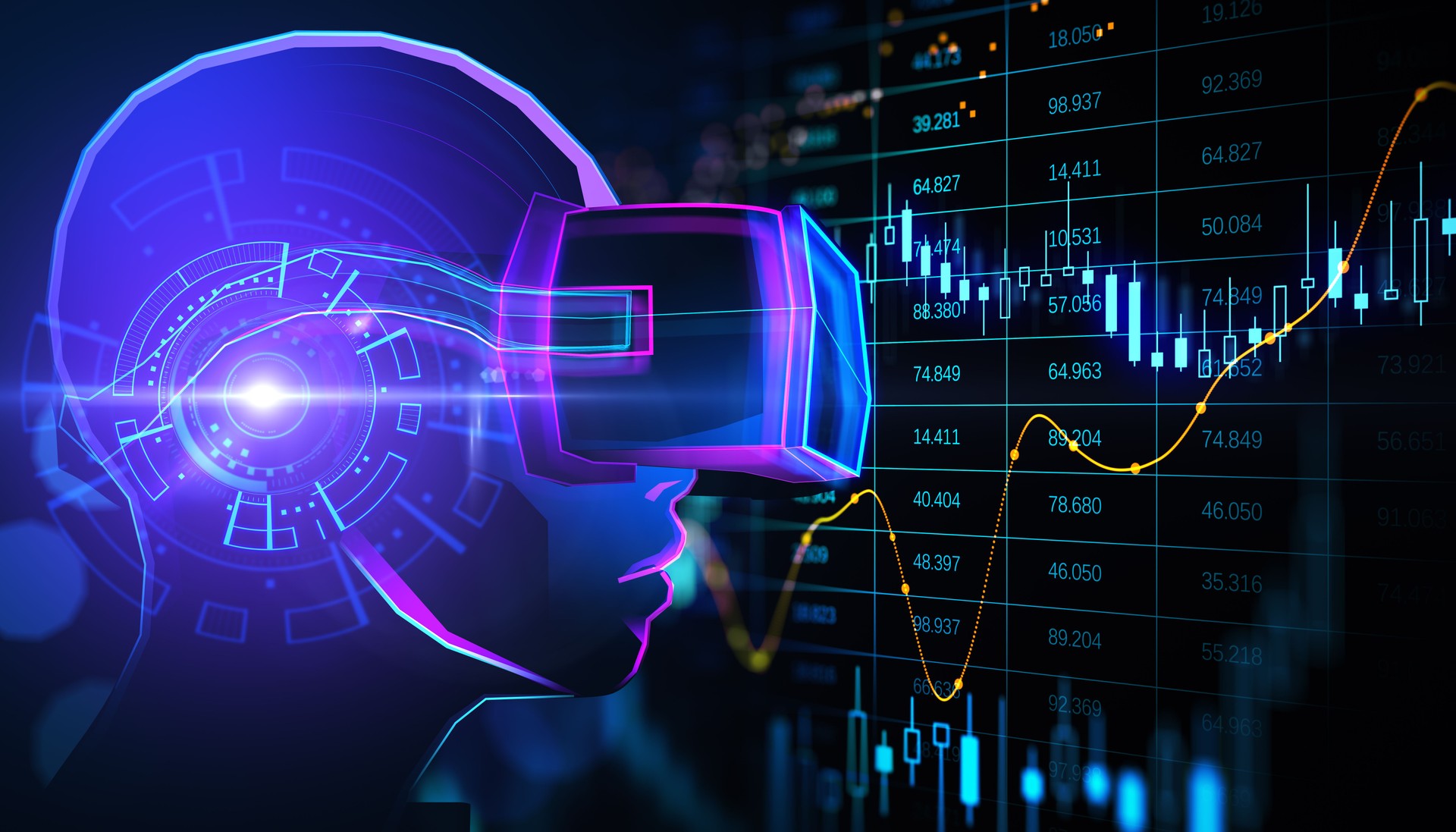 Creative hologram of digital head with VR glasses and glowing forex chart on dark background. Economy, metaverse and stock concept. 3D Rendering.