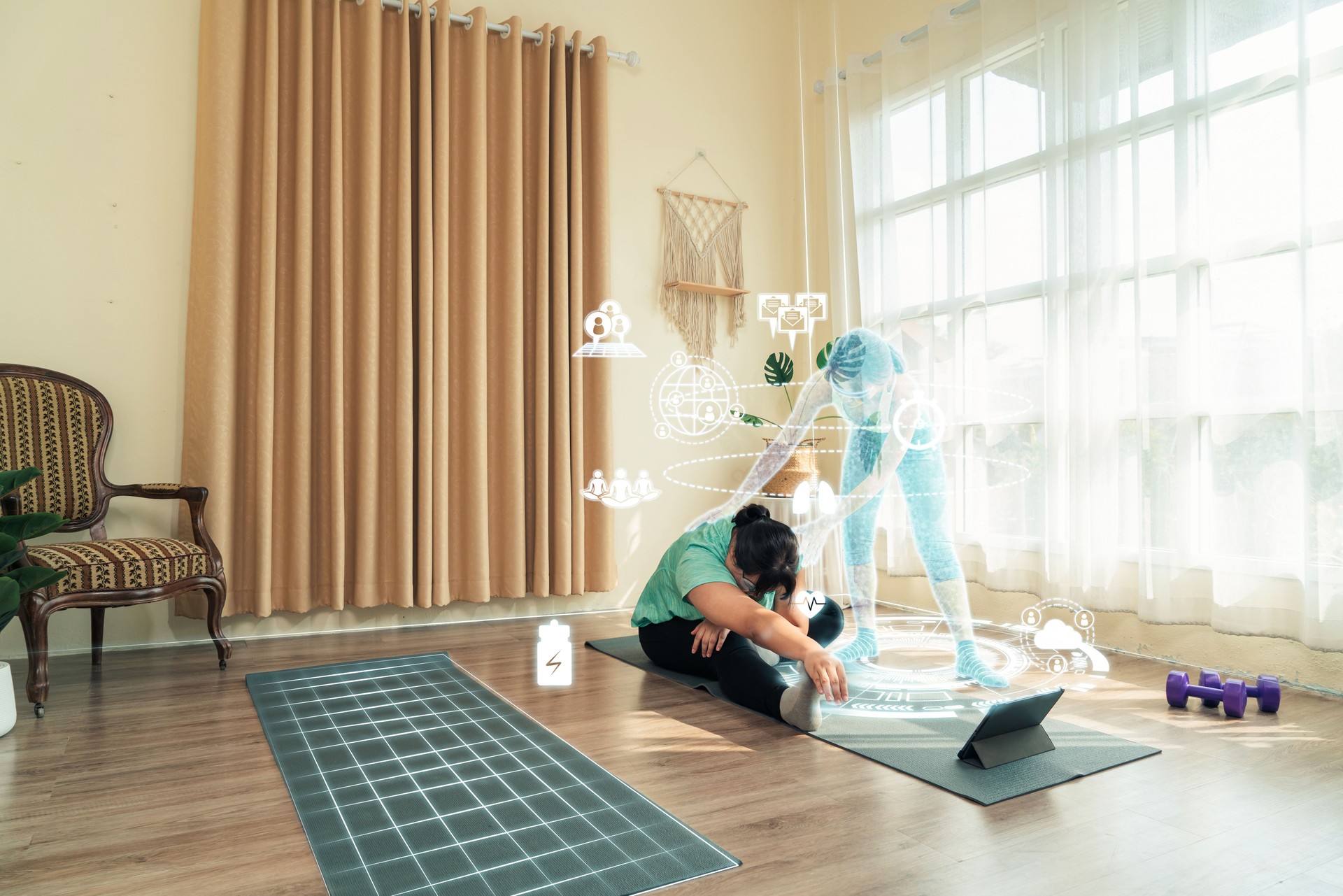 Health care Asian woman plus size use AR technology doing training yoga at home with trainer in metaverse together.