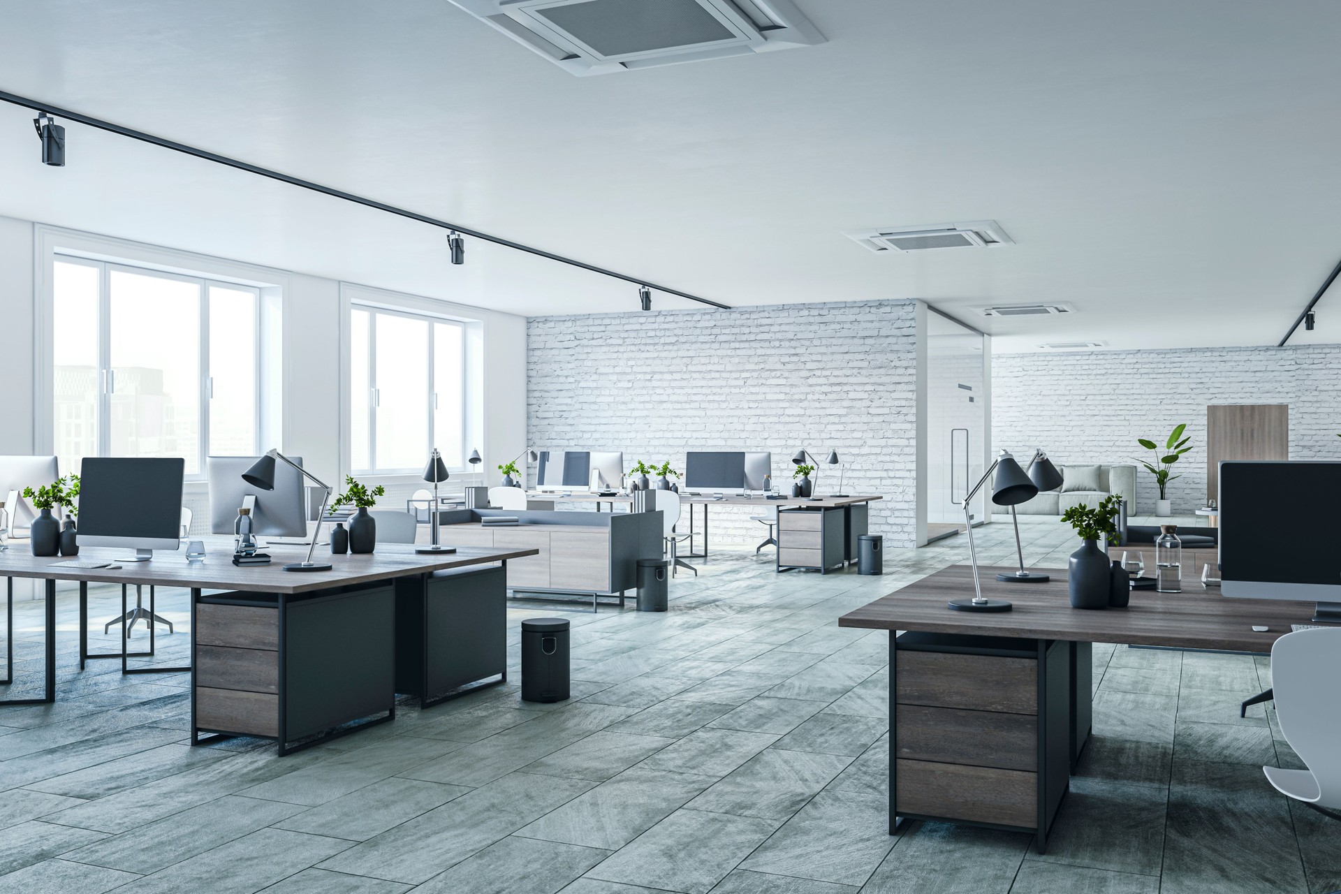 Modern light coworking office interior with window and city view, furniture. 3D Rendering.