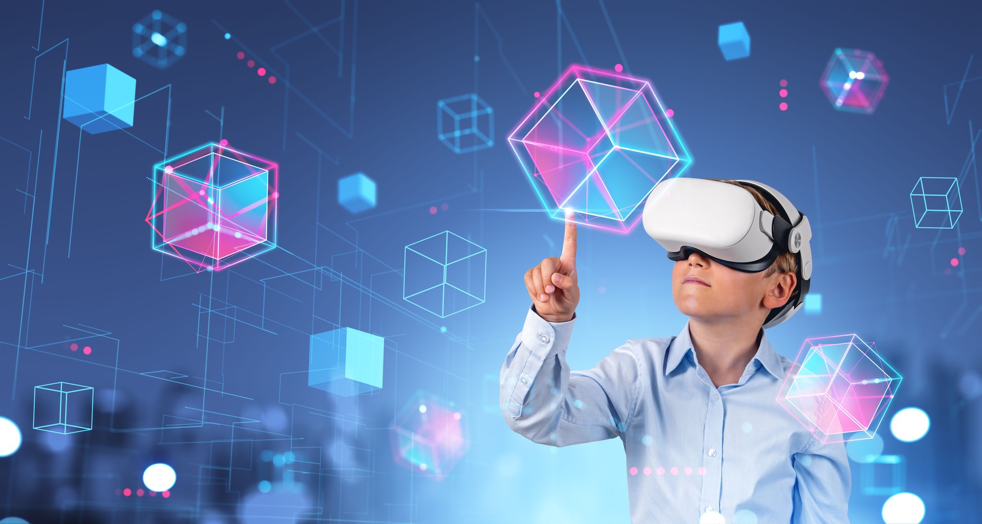 Boy in VR goggles working with blockchain in metaverse