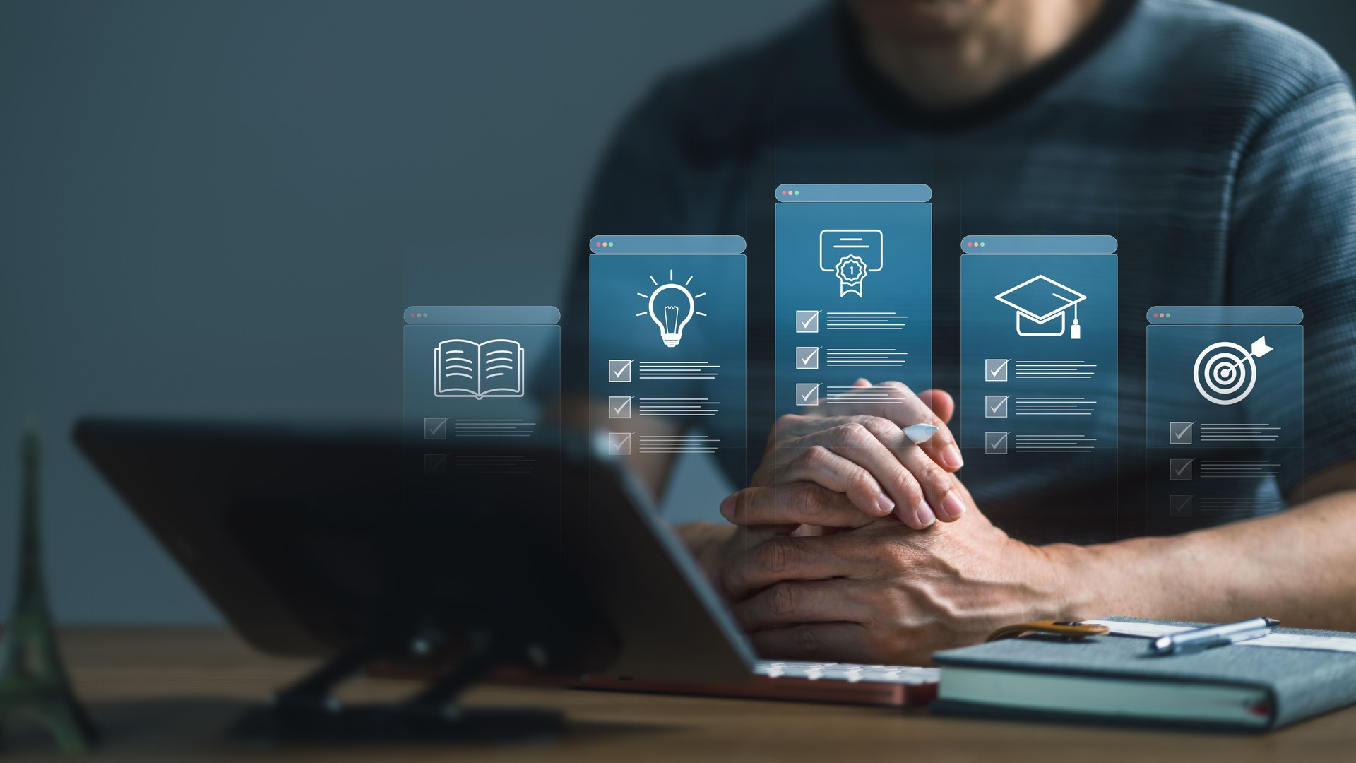 Man Interacting with Online Learning Checklist and Education Icons