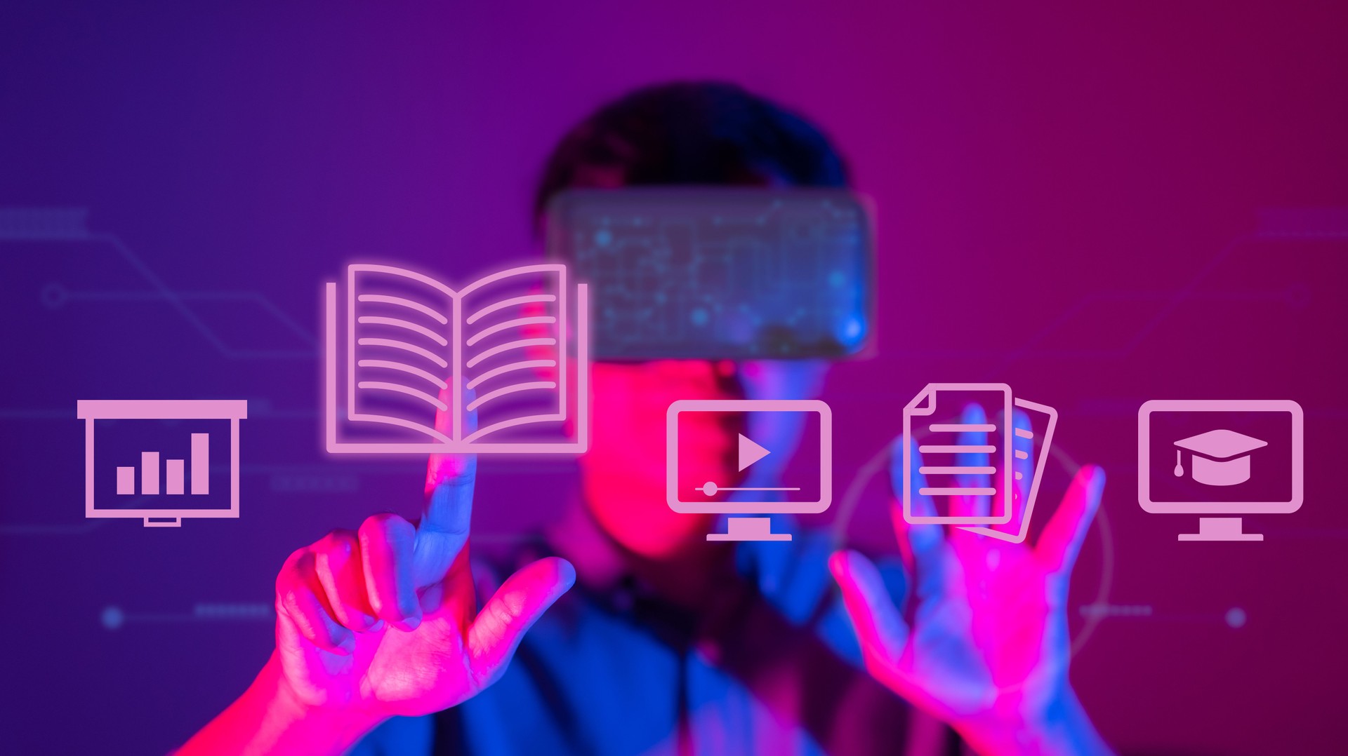Immersive Learning. Mature student in virtual reality headset.