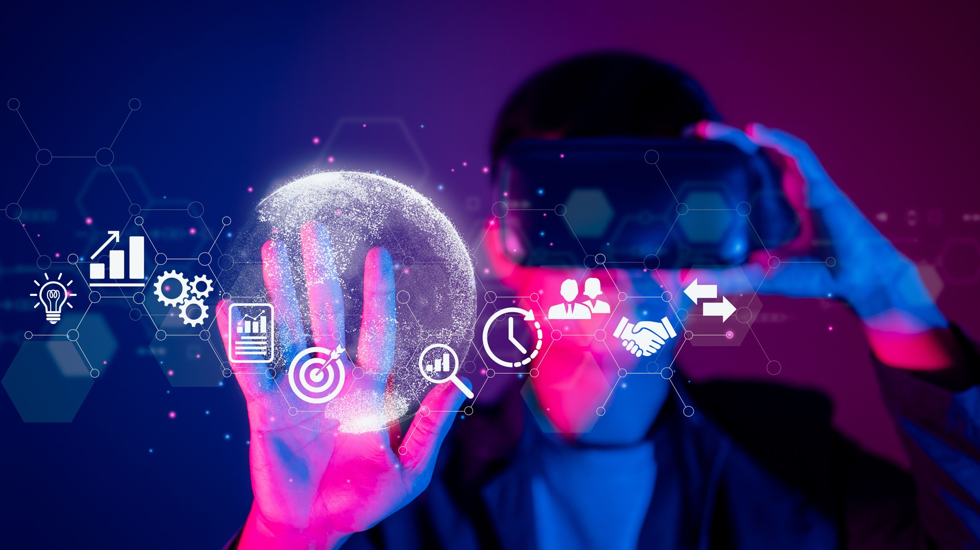 A man use VR Virtual Reality. Business worldwide internet application technology, digital marketing, finance and banking, and big data on metaverse.